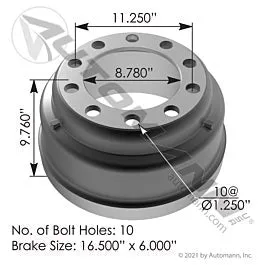 Automann 151.6602BA Brake Drum 16.500 in. X 6.000 in.10 Hole